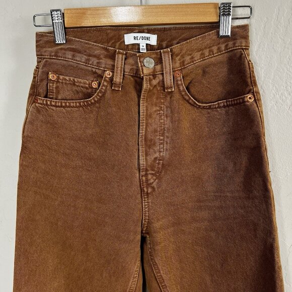 RE/DONE 70S Ultra High Rise‎ Stove Pipe Button Fly 100% Cotton Jeans Sz 24 Brown - Picture 2 of 14